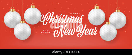 Palla di Natale a tema golf. Eleganti ornamenti natalizi a forma di palla da golf appesi con il testo Buon Natale e Buon Anno su uno sfondo rosso festoso, Ve gioioso Illustrazione Vettoriale