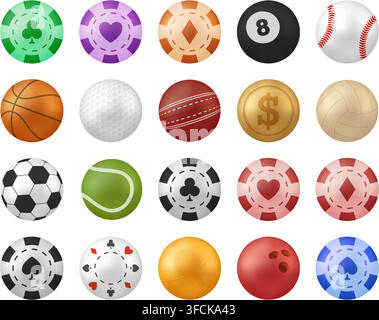 Vibrante illustrazione vettoriale di palloni sportivi vari e gettoni del casinò per giochi, scommesse e svago. Illustrazione Vettoriale