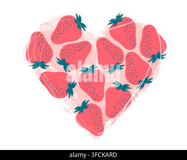 Fragola disposta a forma di cuore su sfondo texturizzato macchiato. Illustrazione vettoriale con bacche rosa dolci. Design piatto per stampa estiva, biglietto di auguri c Illustrazione Vettoriale