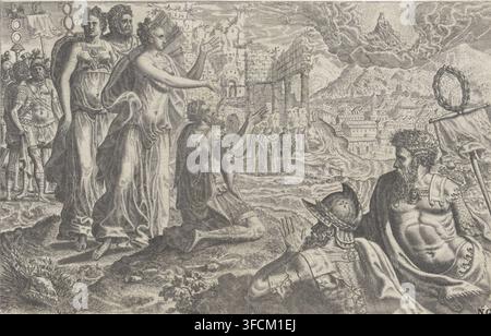 Imperatore Augusto e la Sibilla Tiburtina, stampa, La Sibilla Tiburtina predice all'imperatore Augusto che nascerà un bambino che sarà più grande di tutti gli dei romani. A tal punto Augusto vede una visione. Maria appare nel cielo con il Bambino Gesù. L'imperatore Augusto si inginocchia., incisore: attribuito a Lambertus Suavius, Paesi Bassi meridionali, 1520 - 1567, Attribuito a, carta, incisione, gravura, altezza 167 mm x larghezza 261 mm, la Sibilla Tiburtina e Augusto: la Sibilla rivela all'imperatore una visione della Madonna in cielo., Un'incisione dettagliata in bianco e nero mostra un gruppo di persone vestite e Foto Stock