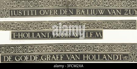Giustizia sul balivo dell'Olanda del Sud, per Guglielmo il Buono, Conte di Olanda ecc., Bordo ornamentale con titolo, stampa, stampa storica, Bordo ornamentale con titolo. Terzo di tre strisce di testo. Originariamente, questo titolo era posto sopra la grande illustrazione centrale nella stampa che raffigura la storia del Giudizio del Conte Guglielmo III nell'anno 1336., stampatore, carta, xilografia, altezza 50 mm x larghezza 373 mm, Persona, Guglielmo III il Buono (Conte di Olanda e dell'Aia), Giudizio del Conte Guglielmo III, Periodo, 1336., Un'immagine orizzontale che mostra tre pannelli rettangolari neri separati con Foto Stock