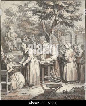 Nascita di Pantagruel, Avventure di Gargantua e Pantagruel, stampa, La gigante Gargamella è già incinta di undici mesi quando deve partorire durante una grande festa di bevute e banchetti. Suo figlio Gargantua nasce dal suo orecchio sinistro invece che dall'utero, perché ha mangiato troppe interiora. Un gruppo di donne accorre in aiuto di Gargamella; sullo sfondo, suo marito Grandgosier racconta una storia al pubblico., incisore: Jacob Folkema, dopo un disegno di Louis Fabritius Dubourg, 1703 - 1767, Jacob Folkema, Louis Fabritius Dubourg, incisore, dopo un disegno, carta, incisione, Foto Stock