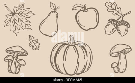 Illustrazione autunnale del raccolto disegnata a mano con zucca, foglia d'acero, pera, mela, ghiande, funghi e foglie di quercia in stile schizzo marrone su beige . Illustrazione Vettoriale