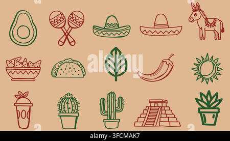 Illustrazione messicana stilizzata con avocado, sombreri, maracas, taco, nachos, peperoncino, cactus, piramide e simboli culturali. Illustrazione Vettoriale