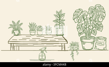 Illustrazione minimalista a linea verde di un setup di giardinaggio indoor con piante in vaso, sacco di terra, bottiglia spray e disposizione del tavolo su sfondo beige. Illustrazione Vettoriale
