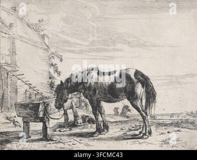 Cavallo legato a un mangiatoio, Cavalli, stampa, Un cavallo è legato a un mangiatoio. Una casa a sinistra., incisore: Dirk Stoop, Utrecht, editore: Clement de Jonghe (forse), Amsterdam, 1651, carta, incisione, altezza 150 mm x larghezza 201 mm, cavallo., Un'incisione monocroma mostra un cavallo di profilo con la testa abbassata verso un mangiatoio, la criniera arruffata e la coda pendente. Nelle vicinanze, sul terreno, un cane giace raggomitolato, e un piccolo gallo becca vicino a una struttura di legno. A sinistra un muro di una fattoria e un tetto ripido con travi visibili e una scala appoggiata all'edificio Foto Stock
