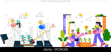 Illustrazione vettoriale sullo stile di vita del giardinaggio urbano con persone che piantano colture, coltivano orti sui tetti e fanno crescere verdure in città Illustrazione Vettoriale