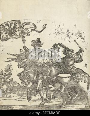 Portabandiera, due trombettieri e un tamburino, Carro trionfale di Carlo V, 1537, stampa, due trombettieri e un tamburino a cavallo. Prima tavola nel corteo trionfale dell'imperatore Carlo V, 1537., stampatore: Hans Schäufelein, Germania, carta, xilografia, altezza 375 mm x larghezza 307 mm, Persona, Carlo V (Imperatore del Sacro Romano Impero e Re di Spagna), carro, carro trionfale, Periodo., Una xilografia dettagliata in inchiostro nero mostra tre cavalieri corazzati a cavallo che si muovono da sinistra a destra, ognuno indossa elmi ornati e cappelli piumati con ghirlande decorative, un cavaliere tiene una grande bandiera fluttuante con un Foto Stock