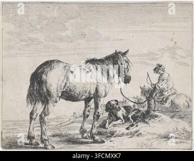 Cavallo legato a un palo, Cavalli, stampa, Un cavallo è legato a un palo. Un cane giace vicino al viola. In secondo piano un cavaliere a cavallo con una frusta., incisore: Dirk Stoop, Utrecht, editore: Clement de Jonghe (forse), Amsterdam, 1651, carta, incisione, altezza 150 mm x larghezza 193 mm, cavalli e animali affini., Un'incisione monocroma che mostra un grande cavallo in piedi con la parte posteriore verso sinistra e la testa leggermente girata verso destra, un gruppo di cani che riposano a terra vicino al cavallo e una figura seduta a cavallo a destra che tiene un bastone; la scena è ambientata su un terreno aperto con erbe basse, Foto Stock