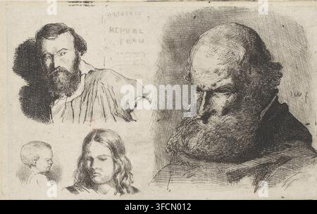 Studio di un vecchio, Studio di quattro teste, stampa, Quattro rappresentazioni su una lastra. In alto a sinistra uno studio di un uomo di mezza età con la barba. A destra uno studio di un vecchio barbuto, forse un monaco in abito. In basso a sinistra uno studio della testa di un bambino e accanto quello di un giovane. In alto al centro è il testo francese stampato 'Liberte Republ Fran'. , incisore: Jan Weissenbruch, L'Aia (forse), 1837 - 1880, Jan Weissenbruch, incisore, L'Aia, carta, chine collé, incisione, incisione su chine collé, altezza 87 mm x larghezza 140 mm, uomo adulto, monaco(i), frate(i), vecchio, neonato, bambino, barba, abito, tonaca., Un foglio Foto Stock