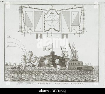 Raft di Saint-Malo, 1797, Il nuovo raft e castello francese, stampa, raft francese o castello galleggiante destinato a trasportare 15.000 uomini con cavalli e artiglieria. Progettato dall'ingegnere francese Le Blanc per l'invasione dell'Inghilterra dalla Francia, febbraio 1797. Una fortezza o castello è situata centralmente sul raft. In questo design, mulini a vento o a cavallo si trovano a poppa per azionare ruote idrauliche o remi sui lati. Un piano della costruzione è mostrato in alto. Un foglio di testo con spiegazione accompagna la stampa., incisore, Paesi Bassi, carta, acquaforte, incisione, altezza 205 mm x larghezza 25 Foto Stock