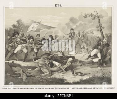 1799, Invasione degli inglesi e dei russi nell'Olanda settentrionale. (Il generale russo Herman catturato.), Cattura del generale russo Hermann durante la battaglia di Bergen, stampa, stampa storica, Cattura del generale russo Johann Hermann von Fersen durante la battaglia di Bergen, 19 settembre 1799. In primo piano, il generale giace a terra accanto al suo cavallo., stampatore: Albertus Anthonius Nunnink (forse), Paesi Bassi, dopo stampa di Jacob Ernst Marcus, dopo disegno di Dirk Langendijk, 1853 - 1855, Jacob Ernst Marcus, dopo stampa di, carta, litografia, altezza 350 mm x larghezza 527 mm Foto Stock