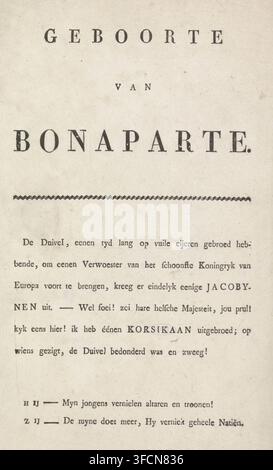 Spiegazione accompagnante una caricatura di Napoleone, 1813, Nascita di Bonaparte, foglio di testo, Foglio di testo con testo olandese appartenente a una caricatura di Napoleone, 1813. La stampa accompagnatoria intitolata 'Geboorte van Bonaparte' o 'Birth of Bonaparte' non è presente., editore: anonimo, Paesi Bassi, 1813 - 1814, carta, stampa a caratteri tipografici, testo in stampa a caratteri tipografici, altezza 335 mm x larghezza 205 mm, Persona, Napoleone I (Imperatore dei Francesi), Guerre napoleoniche, Periodo., Un foglio di carta invecchiata con una texture irregolare che mostra un grande titolo centrato in lettere maiuscole grassette, una parola più piccola centrata sotto e una Foto Stock