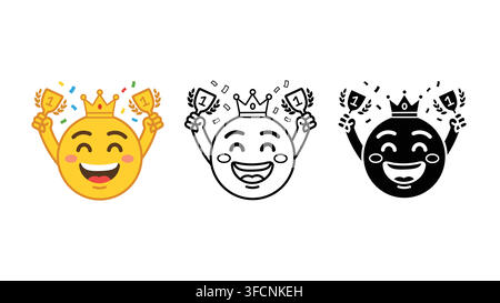 Set di icone emoji di celebrazione della corona del trofeo vincitore silhouette di contorno e colore vettore isolato su sfondo bianco Illustrazione Vettoriale