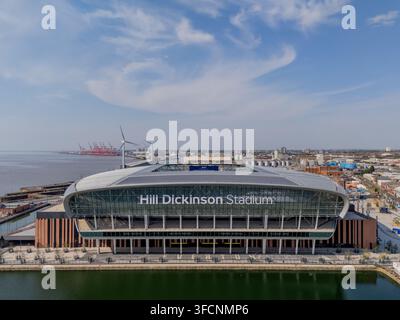 Hill Dickinson Stadium dell'Everton, Liverpool, Inghilterra, veduta aerea del campo di calcio della Premier League sul lungomare della città. Foto Stock