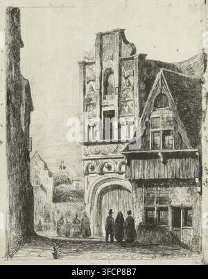 Figure davanti a una facciata rinascimentale, stampa, Figure in conversazione davanti a un edificio con facciata rinascimentale., incisore: Lambertus Hardenberg (1822-1900), L’Aia, 1879, carta, chine collé, incisione, incisione su chine collé, prova d’inchiostro, altezza 197 mm x larghezza 147 mm, strada del villaggio (+ veduta cittadina) con figure, staffage)., Un’incisione dettagliata in bianco e nero mostra una scena di strada stretta con alti edifici ornati che fiancheggiano un arco centrale; l’edificio più alto a sinistra presenta rilievi architettonici decorativi e colonne mentre l’edificio a destra ha un tetto spiovente con travi di legno visibili Foto Stock