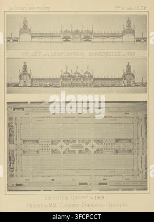 Due riproduzioni di progetti per l'Esposizione Universale di Parigi del 1889 di Joseph Cassien-Bernard e M. Nachon, Exposition Univelle de 1889, Projet de MM Cassien-Bernard et Nachon, riproduzione, pagina, stampa fotomeccanica, Sopra una veduta dell'Esposizione Universale, sotto una mappa dell'esposizione mondiale., iscrizione: '1ère Année: LA CONSTRUCTION MODERNE Pl. 78', dopo il progetto di Joseph Cassien-Bernard, dopo il progetto di Francis Nachon, c. 1881 - prima del 1886, carta, collotipia, stampa fotografica, altezza 255 mm x larghezza 203 mm, mappe di città, esposizione universale, esposizione mondiale, Esposizione Universale del 1889 (Parigi), Parigi, Eiffel Foto Stock