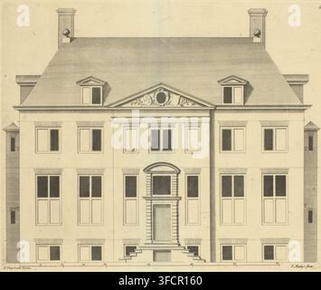 Facciata di una casa vicino a Diepenheim, stampa, illustrazione di libro, Numero di serie, 6, 74, costruita nel 1656 per N. van den Heuvel, su disegno di Philips Vingboons., Incisore: Jan Matthysz., Amsterdam, su disegno di Philips Vinckboons (II), 1674, carta, acquaforte, incisione, acquaforte e incisione, altezza 277 mm x larghezza 334 mm., Un disegno architettonico dettagliato della facciata anteriore di un edificio a più piani reso con linee sottili a penna e tratteggi, mostra un tetto fortemente inclinato con due piccole finestre a timpano, un frontone triangolare centrale con decorazioni floreali a volute e un cartiglio ovale, t Foto Stock