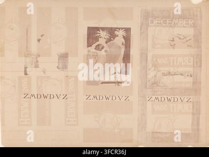 Pagine di calendario per agosto, novembre e dicembre, con uccelli, stampa, pagina di calendario, incisore: Theo van Hoytema, 1901, carta, litografia, stampa in viola, prova, altezza 508 mm x larghezza 716 mm, uccelli, calendario, almanacco. Un foglio seppia sbiadito mostra un motivo ripetitivo di pannelli rettangolari e medaglioni circolari con bordi floreali ornati, alcuni pannelli contengono immagini stampate leggere di barattoli e contenitori cilindrici e un quadrato centrale con un'illustrazione stilizzata di pappagalli appollaiati su un ramo con creste frondose, il tutto reso in una texture morbida simile a quella della matita; ci sono sbavature, bordi consumati Foto Stock