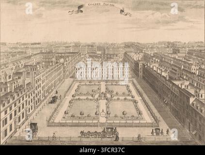 Vista del Golden Square a Soho Londra, Viste degli edifici a Londra, Londra descritta, o Viste prospettiche ed elevazioni di edifici notevoli, stampa, incisore: Sutton Nicholls, venditore di stampe: John Bowles, Londra, 1720 - 1731, carta, incisione, acquaforte, altezza 323 mm x larghezza 466 mm, (+ città (-scape) con figure, staffage), Soho (Londra). Una vasta vista elevata di un giardino rettangolare formale con percorsi simmetrici, siepi basse e piccoli alberi, circondato da una recinzione e affiancato da file di case a schiera a più piani con tetti a spiovente e camini; oltre il giardino un edificio centrale più grande si affaccia sul Foto Stock