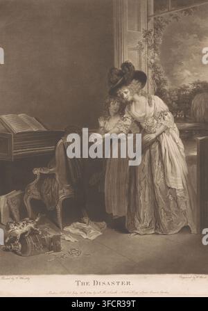 Giovani donne scoprono che un gatto ha catturato l'uccello dalla gabbia, Il Disastro, stampa, incisore: William Ward, dopo un dipinto di Francis Wheatley, editore: John Raphael Smith, Londra, 1789, carta, mezzotinta, altezza 551 mm x larghezza 399 mm, gatto, gabbia per uccelli vuota, uccelli domestici (dentro casa). Una scena seppia mostra due donne in piedi vicino a una porta, una donna più alta con un grande cappello piumato e un vestito fluente si china verso una donna più giovane con un vestito più semplice che alza una mano; entrambe guardano verso il pavimento. A sinistra, uno strumento a tastiera con un libro aperto sul suo supporto si trova Foto Stock