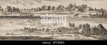 Slooterdyk, Osdorp, Vedute di Sloterdijk e Osdorp, stampa, incisore: Jan Luyken, Amsterdam, 1693 - 1726, carta, incisione, altezza 134 mm x larghezza 344 mm, prospettiva del villaggio, silhouette del villaggio, Città Giardino Occidentali, Sloterdijk. Un'ampia incisione seppia mostra due scene panoramiche orizzontali separate da una stretta striscia bianca. Nella scena superiore è visibile un villaggio fluviale con file di case a tetto spiovente, un campanile, gruppi di alberi e cortili recintati lungo una riva. Sull'acqua piccole barche e una barca più grande per passeggeri trasportano persone sedute, mentre una barca a remi ormeggiata e una barca con un Foto Stock