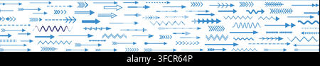 Collezione di banner orizzontali con frecce blu con stili di puntatori diversi, inclusi linee a zigzag e tratteggiate per il web. Illustrazione Vettoriale