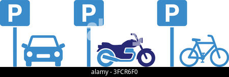 Segni di zona parcheggio con icone blu per auto, moto e biciclette per il trasporto e le mappe di orientamento urbano. Illustrazione Vettoriale