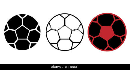Un insieme di icone minimaliste di pallone da calcio con una grafica a silhouette nera solida e un vettore di arte lineare nero e bianco pulito Illustrazione Vettoriale