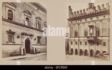 Vista di un palazzo, fotografia, c. 1865 - c. 1900, fotografo, carta, cartone, stampa all'albumina, altezza 260 mm x larghezza 200 mm, altezza 260 mm x larghezza 197 mm, altezza 500 mm x larghezza 653 mm. Una fotografia seppia mostra due viste adiacenti di edifici in pietra ornati separati da una striscia verticale vuota; la vista sinistra mostra una facciata in mattoni alta con finestre ad arco inserite in cornici decorative, un fregio orizzontale scolpito, un grande portale ad arco affiancato da colonne, finestre con griglie metalliche e una piccola cabina di guardia coperta accanto all'ingresso, con una strada acciottolata davanti. La vista destra mostra una multi- Foto Stock