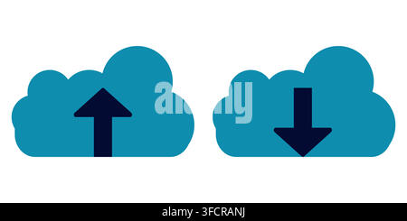 Set di illustrazioni vettoriali di icone di archiviazione cloud computing con frecce bianche di upload e download all'interno di pulsanti circolari scuri Illustrazione Vettoriale