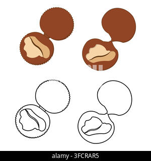 Illustrazione vettoriale di gusci di vongola e ostrica aperti che mostrano la trama interna, disponibile in versione a colori piatti e in stile linea nera Illustrazione Vettoriale