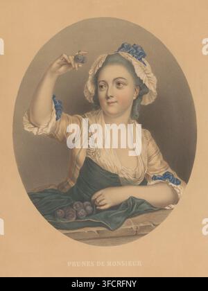 Giovane donna con prugne, Prunes de Monsieur, stampa, stampatore: Célestin Deshayes, dopo dipinto di Jean-Baptiste Greuze, stampatore (persona): Joseph Rose Lemercier, Parigi, editore: Henry Gache, nel o dopo il 1839 - nel o prima del 1857, stampatore (persona), carta, litografia tonale, colorazione manuale, colorato a mano, altezza 397 mm x larghezza 332 mm, adolescente, giovane donna, fanciulla, frutti: prugna. Una donna seduta raffigurata in una cornice ovale indossa una cuffia bianca arricciata con dettagli di nastro blu e ha i capelli incipriati acconciati in riccioli; guarda leggermente di lato con un'espressione calma e guance rosee. Il suo corpetto Foto Stock
