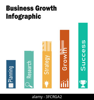 Modello di infografica a diagramma a barre di crescita aziendale con icone di successo vettoriali Illustrazione Vettoriale