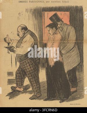Ombres parigini, di Aurélien Scholl, Coppia segue uomo con candela notturna, stampa, stampatore: Monogrammist SGAP, dopo disegno di Théophile Alexandre Steinlen, editore: anonimo, Parigi, 1893-09-03, carta, litografia tonale, stampa a lettere, litografia tonale in nero con blocco tonale in beige e blocco tonale in grigio con testo a stampa sul recto e verso, altezza 405 mm x larghezza 282 mm., Un'illustrazione seppia mostra tre persone in piedi in uno spazio interno stretto; un uomo corpulento a sinistra tiene una candela su un piccolo supporto con una mano e gesticola con l'altra, indossando un gilet Foto Stock