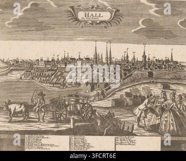 Vista di Halle an der Saale, Hall nella Sassonia, stampa, numerato in basso a sinistra: 46., editore: Wolff, eredi di Johann Peter, Norimberga, dopo il 1711, incisore, Baviera, carta, incisione, acquaforte, altezza 274 mm x larghezza 332 mm, veduta della città, panorama urbano, silhouette della città, Sassonia-Anhalt, Halle an der Saale. Un ampio paesaggio urbano inciso visto da un lungofiume mostra file di edifici e tetti strettamente accatastati, campanili e guglie che si elevano sopra la linea dell'orizzonte, e parcelle di giardino rettangolari formali dietro un muro fortificato; in primo piano un uomo con un cappello a tesa larga guida un bue con una corda Foto Stock