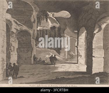 Vista delle rovine delle Terme di Caracalla, a Roma, Vestigi delle Terme di Antonino Caracala, a Roma, stampa, Numerato in basso a destra: 1., incisore: Nicolas Perelle, editore: Daman, concedente del privilegio: Corona francese, 1640 - c. 1660, carta, acquaforte, incisione, altezza 240 mm x larghezza 304 mm, paesaggio con rovine, bagni pubblici, Roma, Terme di Caracalla., Un'incisione che mostra un grande interno in rovina con alte arcate a volta e spesse colonne di pietra, ombreggiature texture che indicano superfici consumate e crepe, vegetazione pendente che ricade da un bordo rotto, gruppi di piccole figure umane del periodo Foto Stock