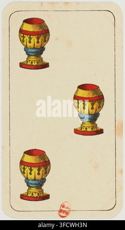 Un'incisione del 1890 tratta dal set "Jeu de cartes de fabrication italienne", che mostra tre calici ornati. Foto Stock