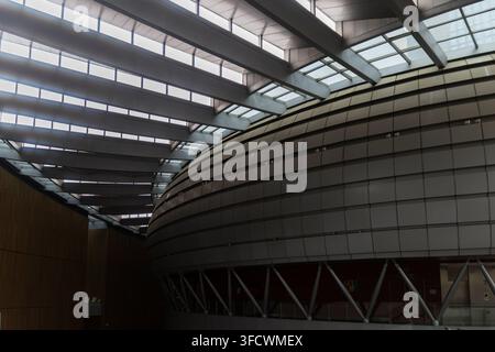 Interno architettonico moderno con soffitto curvo e lucernari in vetro. Le travi strutturali creano schemi geometrici dinamici sul soffitto. La luce naturale filtra Foto Stock