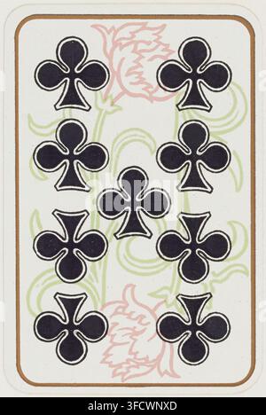 Un'incisione del 1900 di una carta da gioco con dieci simboli di quadrifoglio, relativa al gioco del Whist. Foto Stock