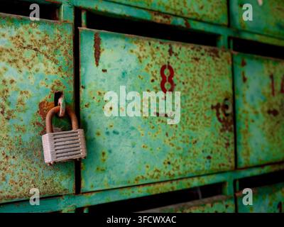 Un lucchetto in acciaio arrugginito chiuso, appeso a una cassetta postale in metallo verde logora con il numero rosso 8. Dettaglio architettonico vintage che mostra la texture della corrosione Foto Stock