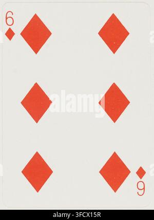 Una carta da gioco sei di quadri con sei simboli di quadri rossi, da un set di carte da gioco americane, incisa nel 1900. Foto Stock