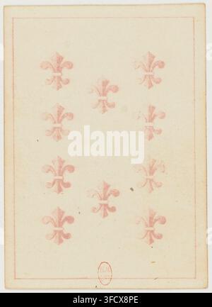 Un'incisione stampata del 1860 che mostra nove simboli di fleur-de-lis disposti in tre file da tre su uno sfondo semplice, parte di un set intitolato “Jeu de coucou suédois”, un gioco di carte svedese al cucù. Foto Stock