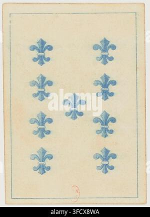 Un'incisione stampata del 1860, che mostra nove simboli di fleur-de-lis disposti in tre file da tre, parte di un set intitolato "Jeu de coucou suédois", un gioco del cuculo svedese, con colorazione blu e rosa. Foto Stock
