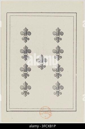 Un'incisione nera del 1860, che mostra nove simboli di fleur-de-lis disposti in tre file da tre, parte di un set intitolato "Jeu de coucou suédois", un gioco del cuculo svedese, un tipo di gioco di carte. Foto Stock