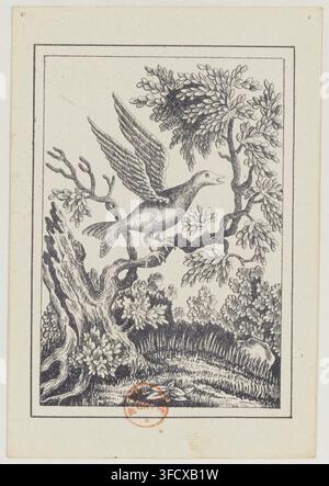 Un uccello appollaiato su un ramo circondato da fogliame, con un tronco d'albero e radici in primo piano, in un'incisione del 1860 tratta dalla serie "Jeu de coucou suédois". Foto Stock