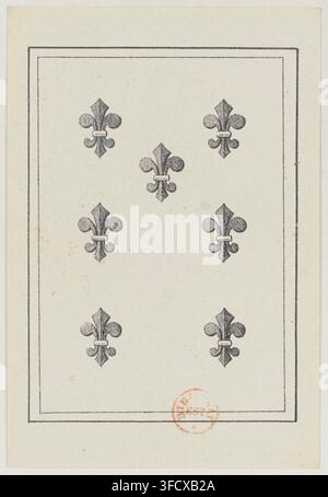 Un'incisione nera del 1860, raffigurante sei simboli di giglio disposti in due file da tre, parte di un set intitolato "Jeu de coucou suédois", un gioco di carte svedese del cucù. Foto Stock