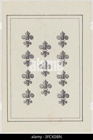 Un'incisione stampata del 1860 che mostra nove simboli di fleur-de-lis disposti in tre file da tre su uno sfondo semplice, parte di un set intitolato “Jeu de coucou suédois”, un gioco di carte svedese al cucù. Foto Stock