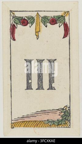 Una carta del Dilettevole giuco del cucu, un gioco di carte milanese, con tre forme nere verticali che ricordano lettere stilizzate "III" su sfondo bianco, incorniciate da elementi decorativi tra cui peperoncini rossi e foglie verdi in alto, e un oggetto giallo simile a una candela o a un torcia al centro, incisa nel 1847. Foto Stock