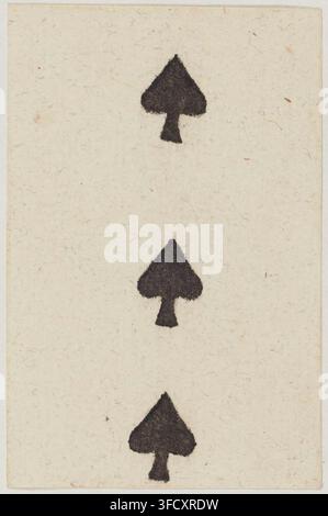Un'incisione del 1780 tratta dal set “Jeu de cartes au portrait avignonnais et enveloppe du jeu”, con tre simboli di picche. Foto Stock